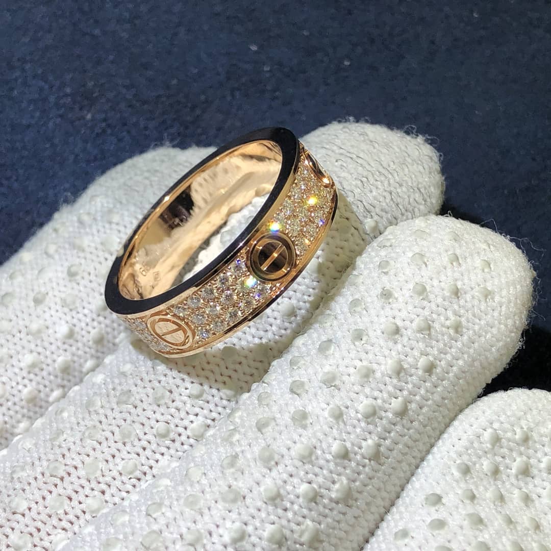 Custom Cartier 18K Rose Gold Pave Diamond Love Ring B4087600