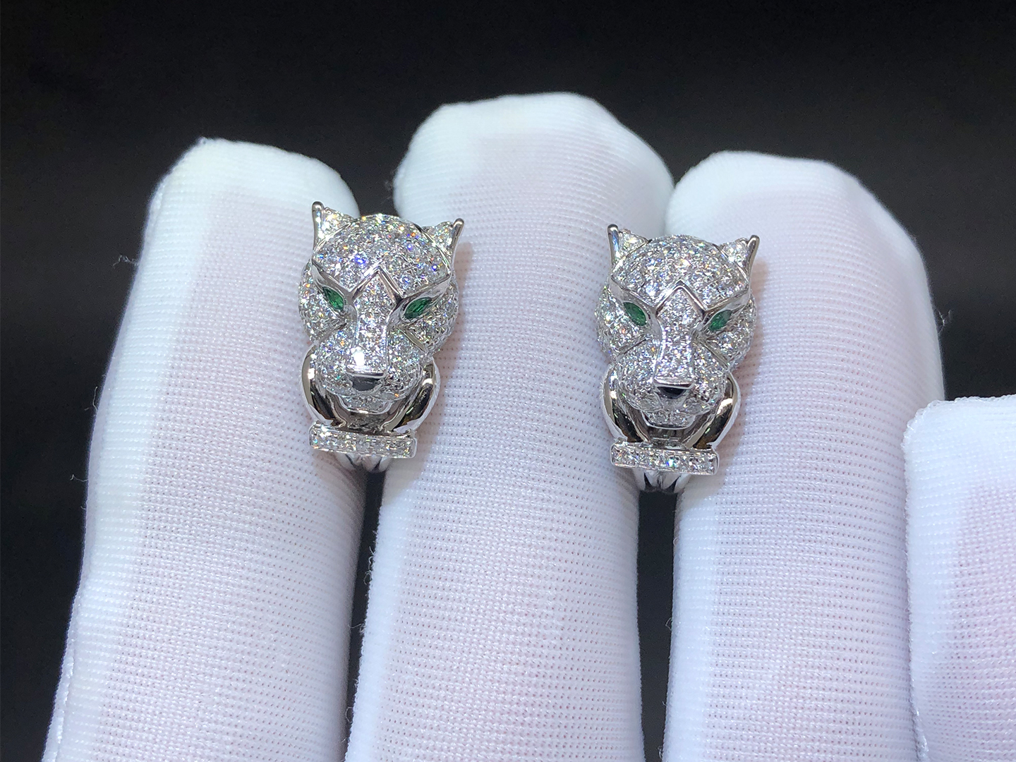 Custom Cartier Panthere De Cartier Diamond Emerald & Onyx 18k White Gold Earrings N8503200