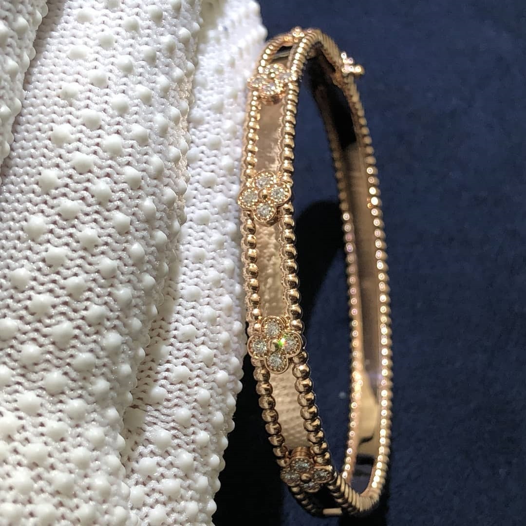 Custom Made Van Cleef & Arpels Small Model 18k Rose Gold Perlée Sweet Clovers Diamonds Bracelet VCARP6X100
