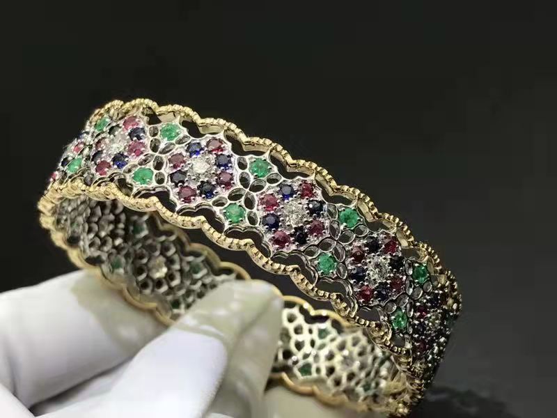 Inspired 18k Yellow Gold and White Gold Buccellati Ruby, Emeards, Blue Sapphire and Diamonds Euforia Bracelet