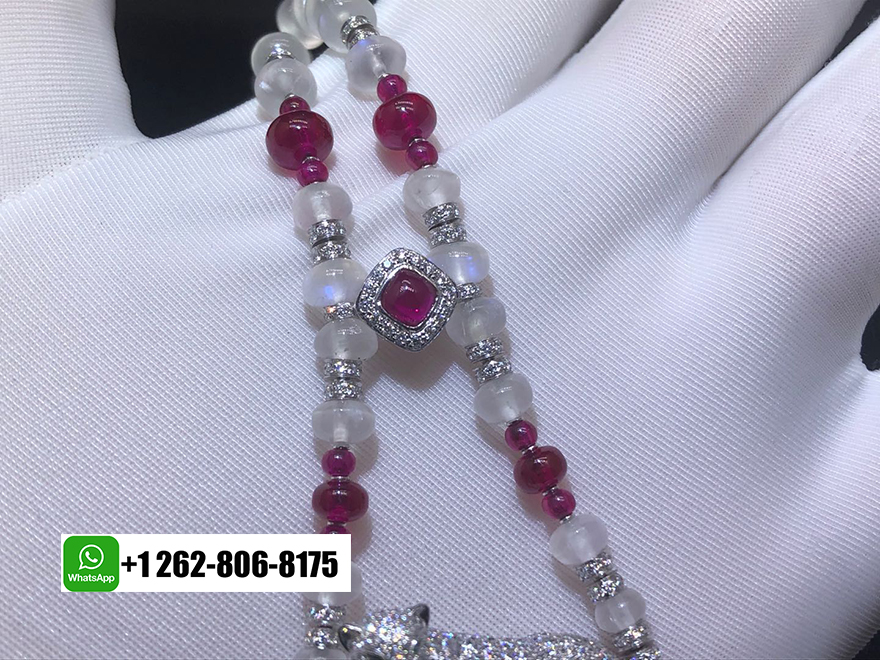 cartier High Jewelry White Gold Panthere de Cartier Rubellites, Moon Quartz, Emeralds, Onyx, Diamonds Necklace