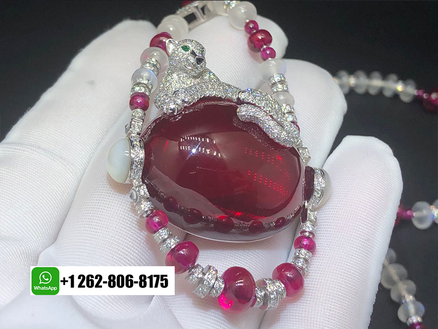 cartier High Jewelry White Gold Panthere de Cartier Rubellites, Moon Quartz, Emeralds, Onyx, Diamonds Necklace