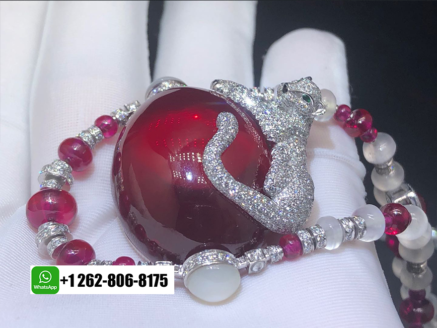 Cartier High Jewelry White Gold Panthere de Cartier Rubellites, Moon Quartz, Emeralds, Onyx, Diamonds Necklace