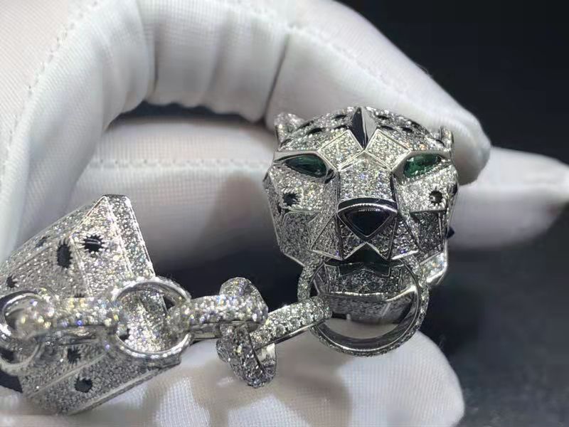 Cartier 18K White Gold Onyx & Pave Diamond Panthere Head Black Fabric Strap Bracelet