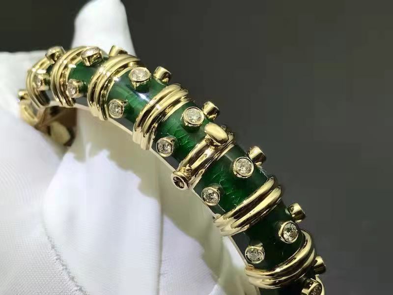 Tiffany & Co. Jean Schlumberger Yellow Gold Green Enamel and Bezel Set Diamond Normal Bracelet
