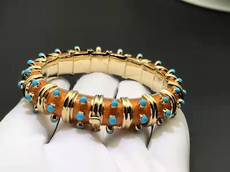 Tiffany & Co Schlumberger 18k Gold, Turquoise Copper Enamel Croisillon Bracelet