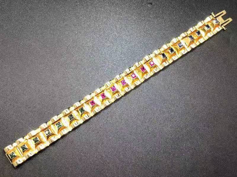 Desinger Cartier Emerald Ruby Sapphire ‘Pyramid’ 18K Yellow Gold London Bracelet