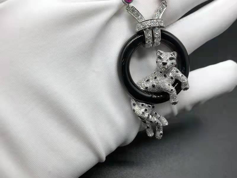 Custom Panthere de Cartier Diamond Ruby Sautoir Necklace in Platinum