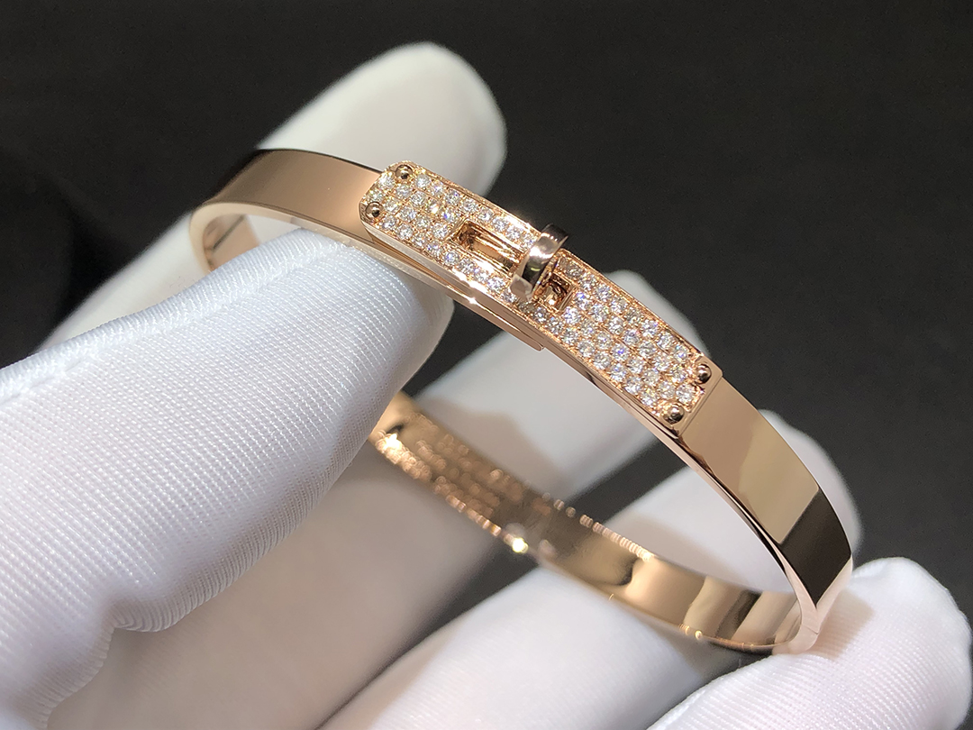 Hermes Kelly Small Model Diamond 18K Rose Gold Bangle Bracelet SH