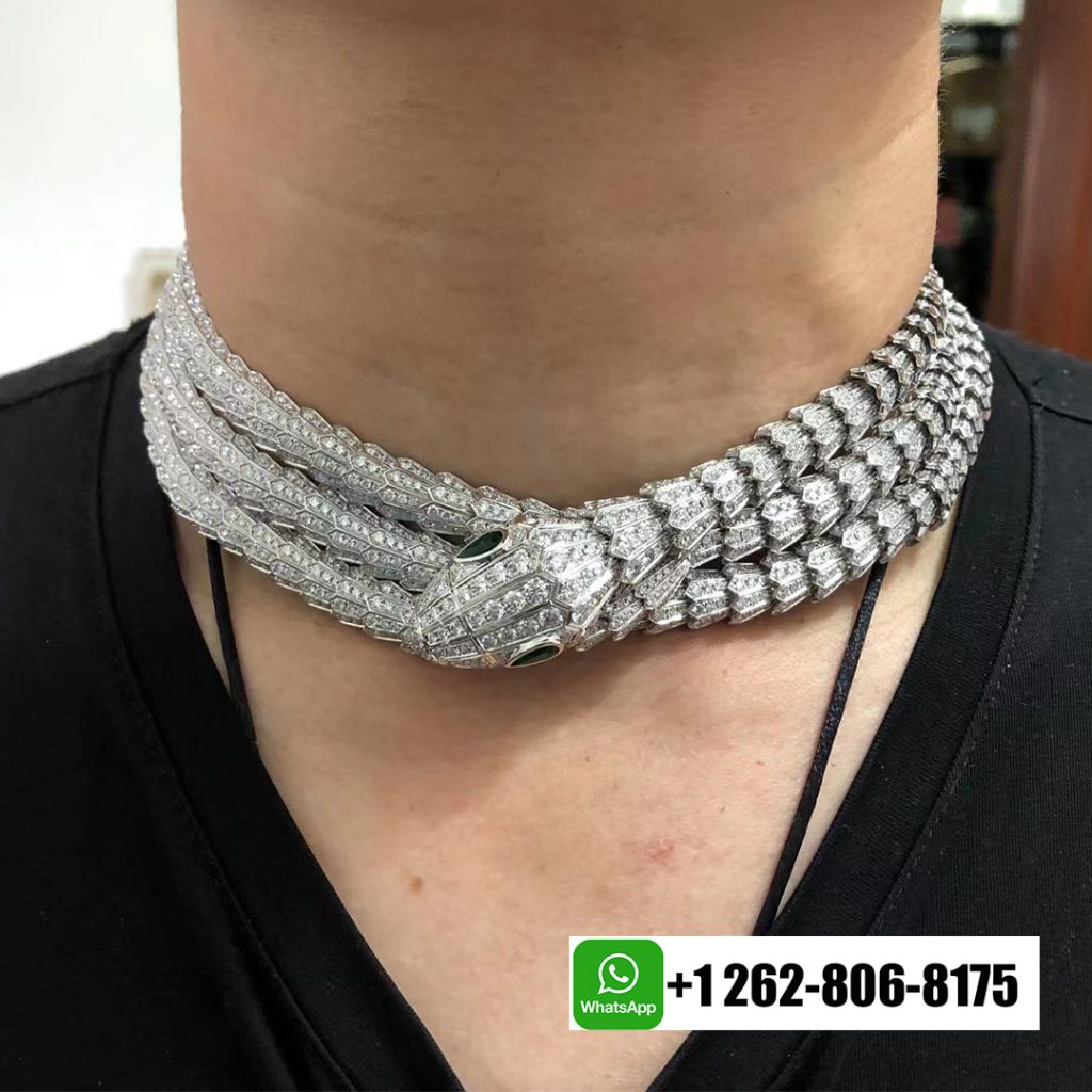 Custom Bvlgari High Jewelry Serpenti 18k White Gold Full Pave Diamond 3 Band Necklace