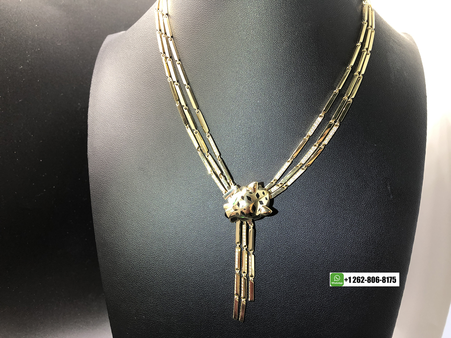 Custom Panthere de Cartier 18k Gold Diamond Peridot Onyx Lacquer Tassel Necklace