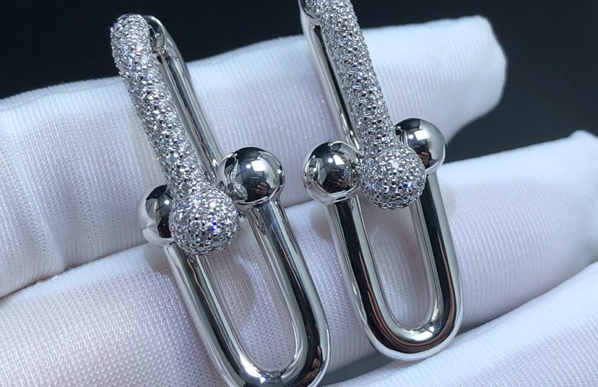 Tiffany & Co. HardWear Large Double Link Dangle Earrings in 18k White Gold Pavé Diamond