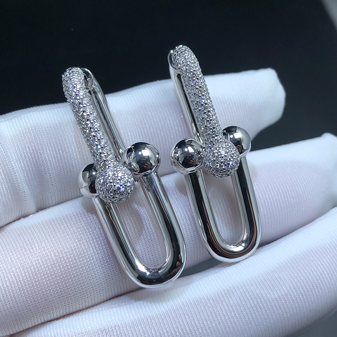 Tiffany & Co. HardWear Large Double Link Dangle Earrings in 18k White Gold Pavé Diamond