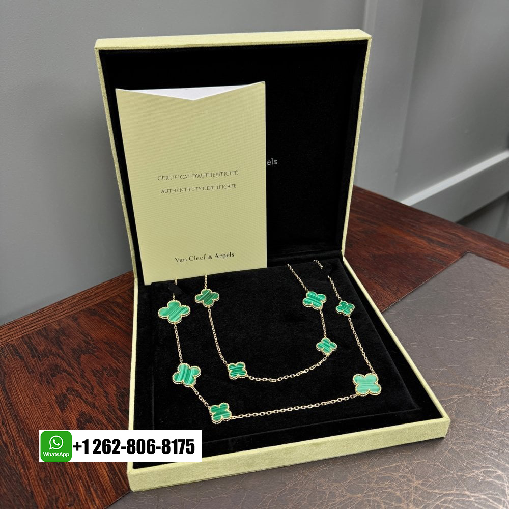 Van Cleef & Arpels Magic Alhambra 18k Yellow Gold Malachite 16 Motifs Long Necklace