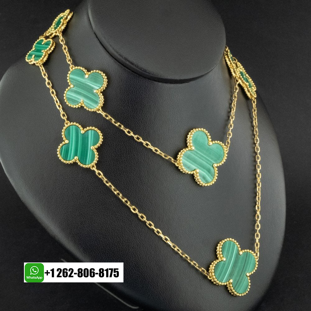 Van Cleef & Arpels Magic Alhambra 18k Yellow Gold Malachite 16 Motifs Long Necklace