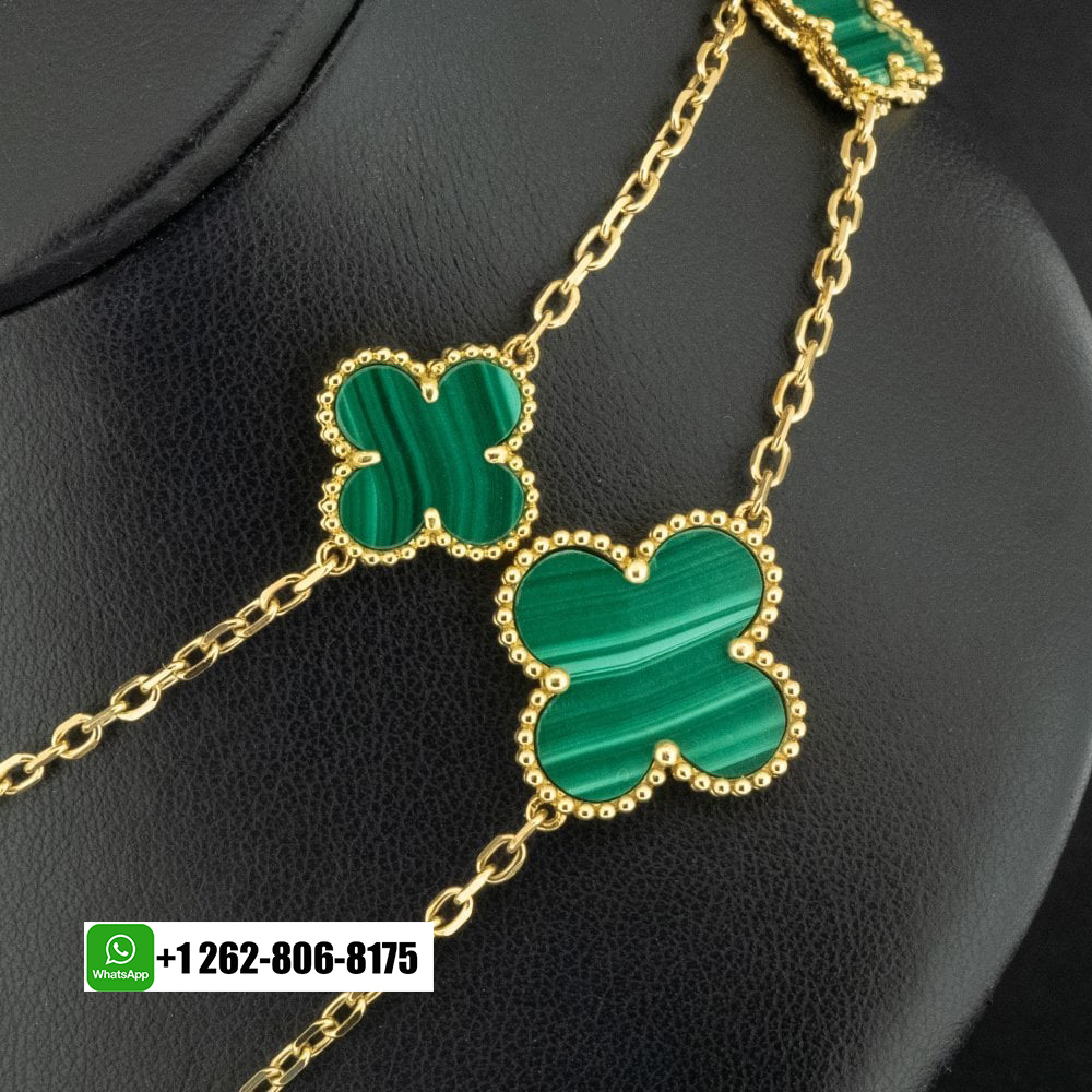 Van Cleef & Arpels Magic Alhambra 18k Yellow Gold Malachite 16 Motifs Long Necklace