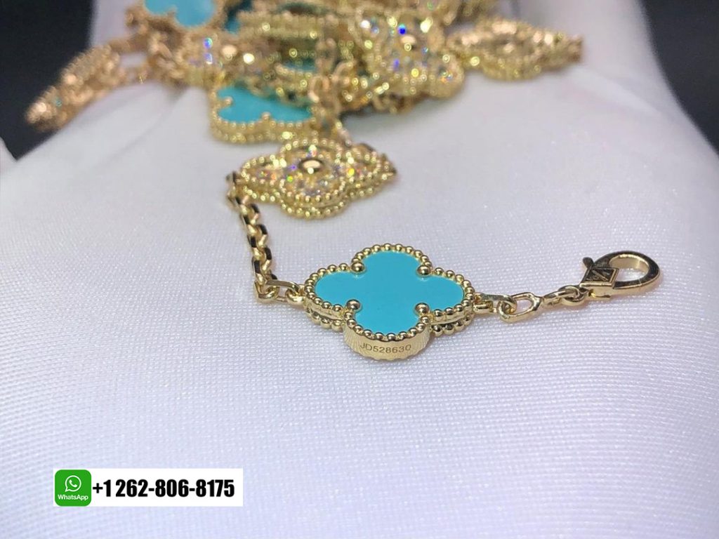 Van Cleef & Arpels Vintage Alhambra 18k Yellow Gold Diamonds & Turquoise 20 Motifs Long Necklace
