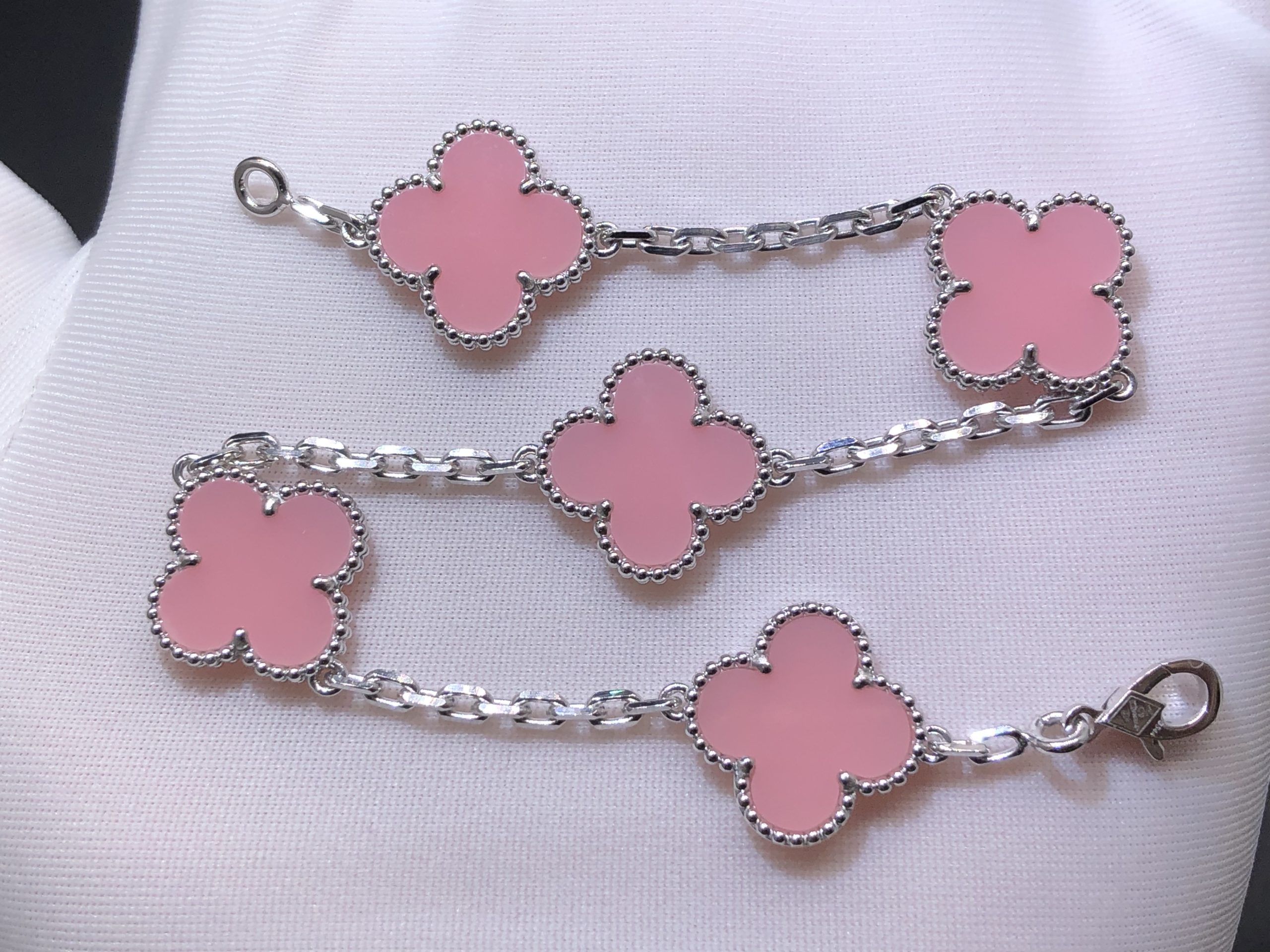 Van Cleef & Arpels Vintage Alhambra 5 Motifs Pink Opal 18K White Gold Bracelet